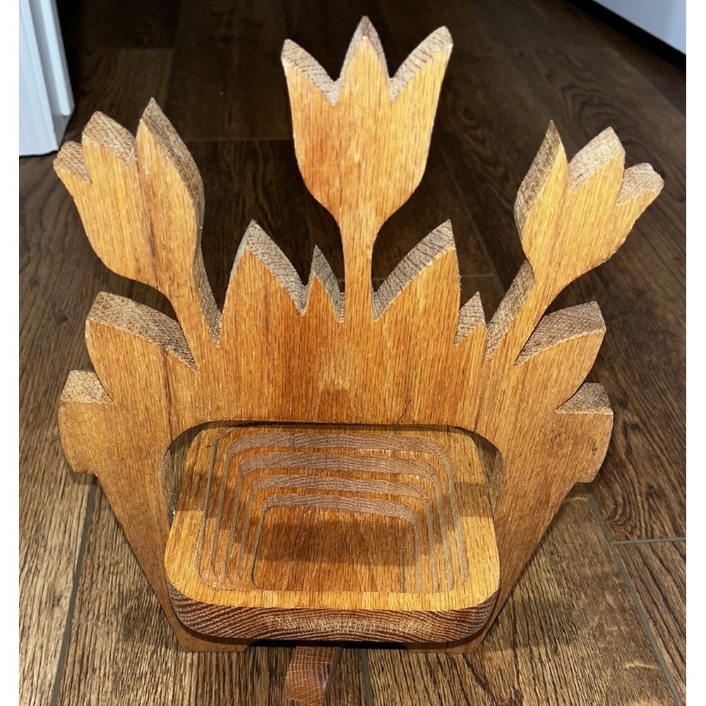 Vintage Spring Tulips Collapsible Wood Basket Trivet Signed Ed Poirrier Art Deco